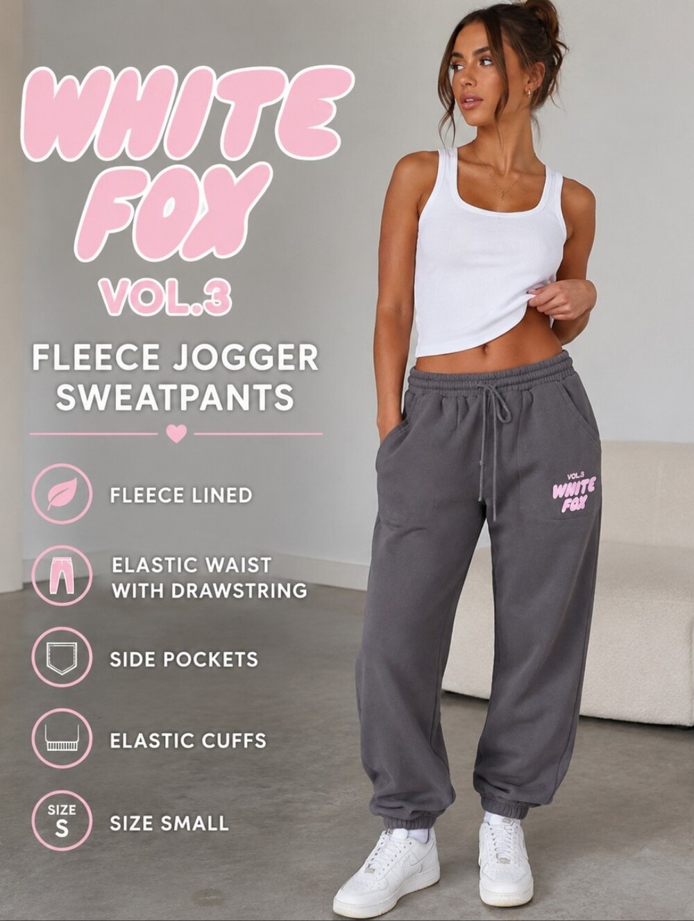 White Fox Fleece Lined Sweatpants Joggers Gray Size Small EUC